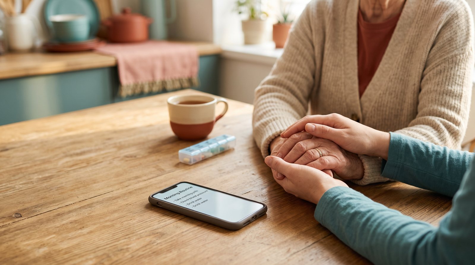 Family hands together at a kitchen table with a care checklist on a phone